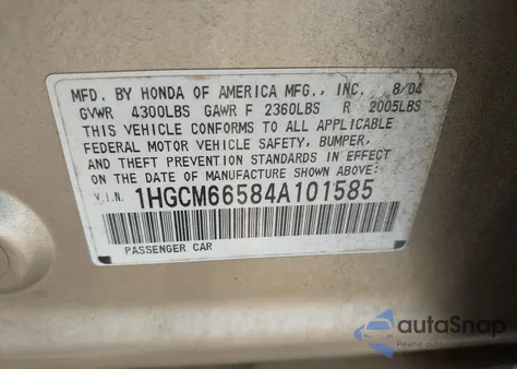 2004 Honda Accord 3.0 Ex z USA, uszkodzony, nr VIN 1HGCM66584A101585